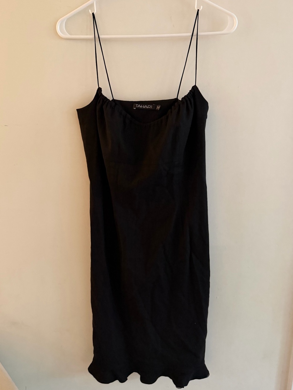 Vintage Tahari Linen Blend Black Spagetti strap dress with ruffle hem size 8